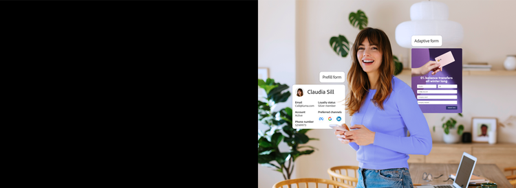 Kundin, die das Formular eines Finanzdienstleisters auf ihrem Smartphone ausfüllt und dabei Vorbefüllung und adaptive Funktionen nutzt
