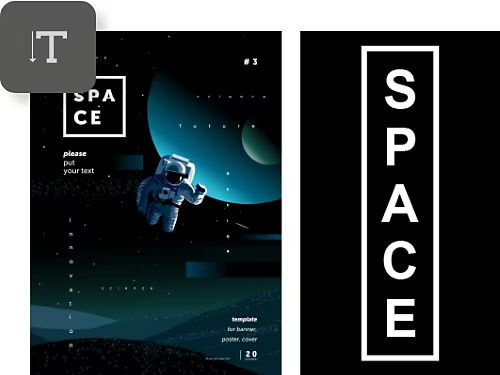 Das Titeldesign eines Weltraum-Posters wird in Adobe Photoshop mit überlagertem Symbol bearbeitet