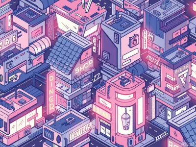 Grafik-Design einer pink-blauen, neonbeleuchteten und futuristischen Stadtlandschaft mit Gebäuden, die nach isometrischen Prinzipien gestaltet wurden