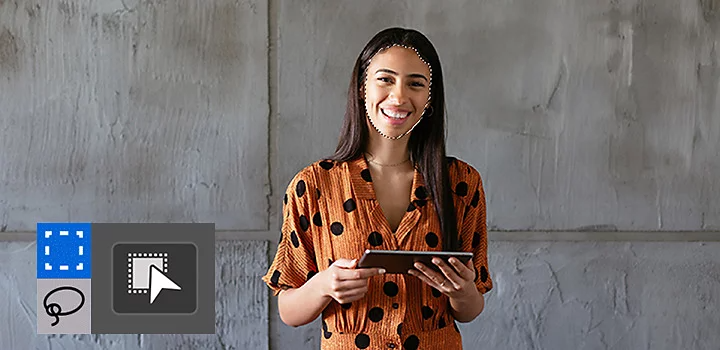 In Adobe Photoshop ausgewähltes Gesicht einer Person vor einer Wand