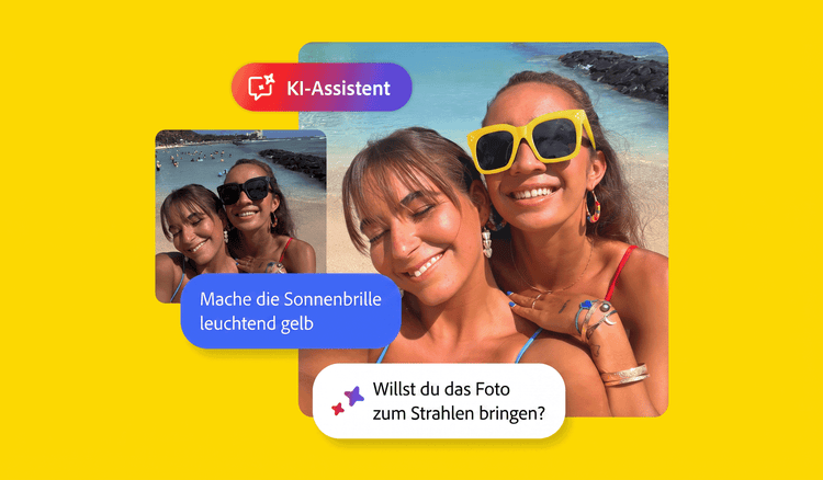 Selfie von zwei lächelnden Frauen am Strand. Zu sehen sind Prompts für den KI-Assistenten: „Mache die Sonnenbrille leuchtend gelb“ und „Soll dein Foto mehr auffallen?“