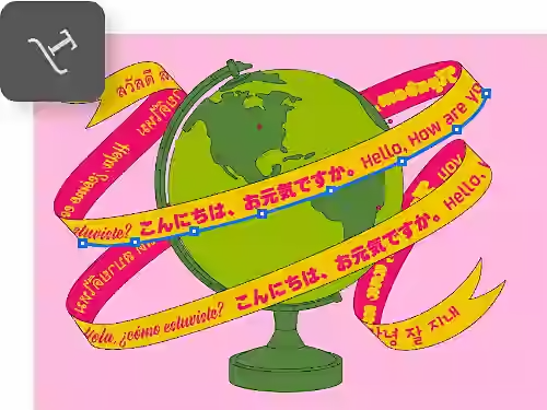 Ein grafischer grüner Globus mit einem gelben geschwungenen Band, das Hallo in vielen Sprachen zeigt, mit übergelagertem Symbol für geschwungenen Pfad