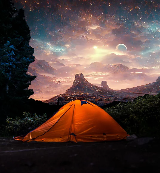 Ein Foto eines Campingzelts bei Nacht. Der Himmel wirkt wie aus einer anderen Welt.