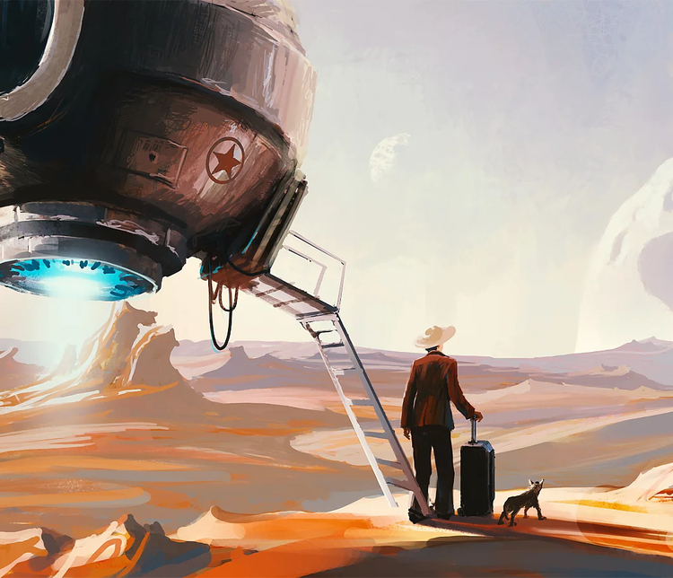 Sci-Fi-Grafikkunst einer Person und ihres Raumschiffs bei der Landung auf einem Planeten