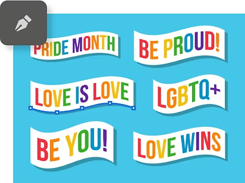 Das Zeichenstift-Werkzeug wird in Adobe Photoshop verwendet, um Textbänder für Pride zu formen, mit überlagertem Symbol