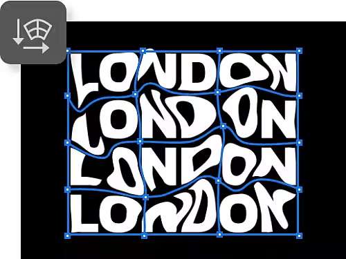 Der Text London ist viermal übereinander gestapelt in einer Standardschrift und mit dem Verkrümmen-Werkzeug verzerrt, mit übergelagertem Symbol