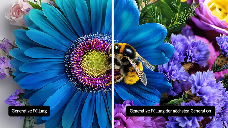 Bild einer Blume die von einer Biene bestäubt wird und der Vergleich von Generativen Füllung der neuen und alten Version.
