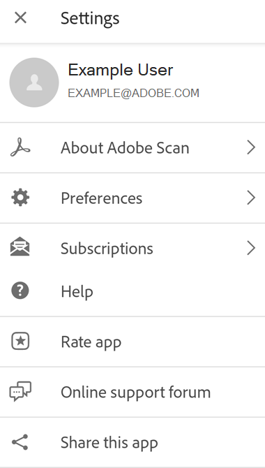 Gerenciar assinaturas — Adobe Scan para Android