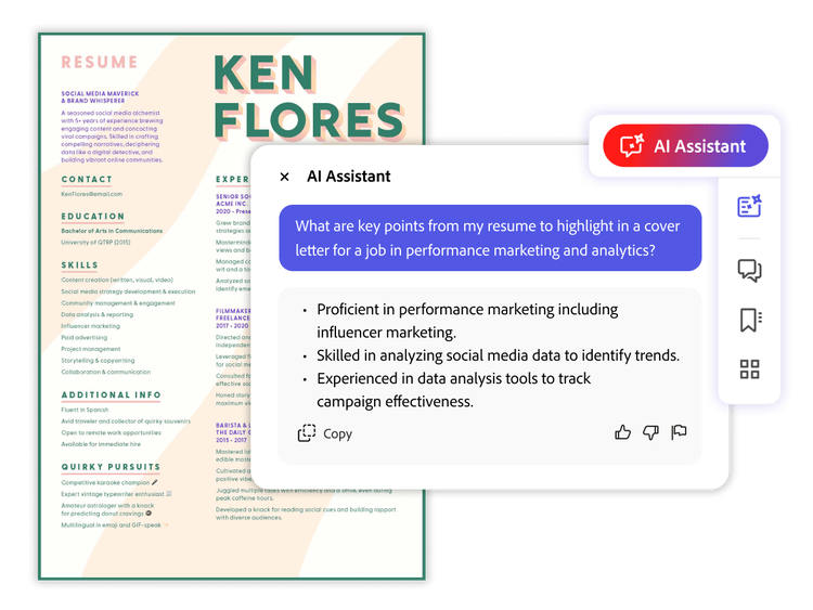 Et CV for Ken Flores med en generativ oversigt og AI-assistent pop-ups, der viser, hvordan du bruger CV AI-spørgsmål til at forbedre dokumentet.