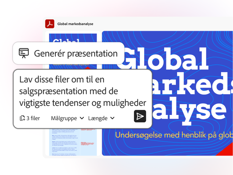Interface, der viser “Generér præsentation” fra filer og konverterer tre dokumenter til en global markedsanalyse-præsentation.