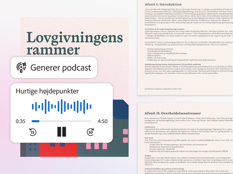 Dokument med titlen “Lovgivningsmæssige rammer” med en Generér podcast-lydafspiller, der viser bølgeform, varighed og afspilningsfunktioner.