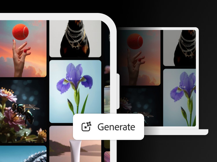 AI-billedgenereringsinterface, der viser kreative visualiseringer på mobil- og computerskærme med en genereringsknap