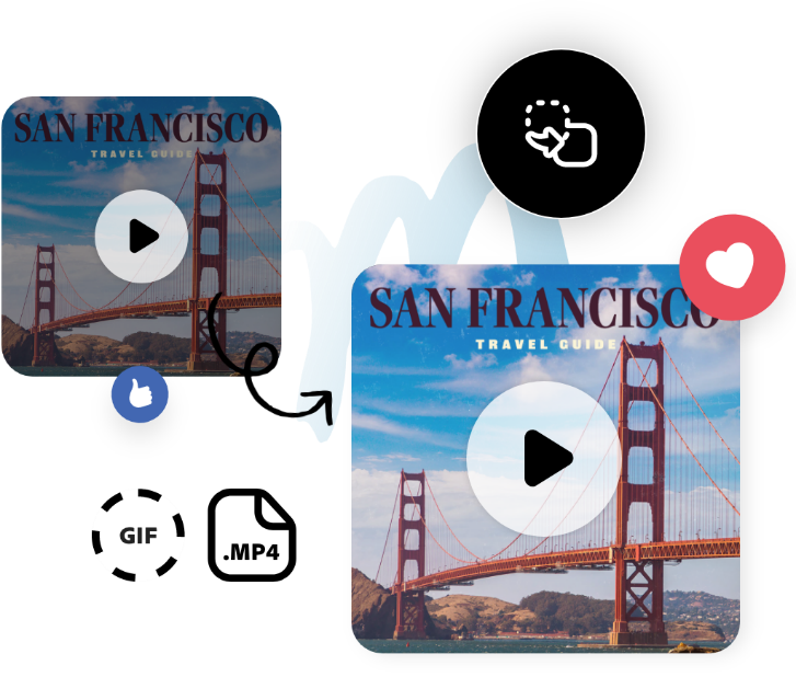 Duplicate still frame of a video with the San Francisco bridge, 'San Francisco' text, an arrow showing format conversion, and icons for .gif and .mp4.