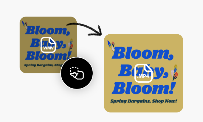 Duplicated still frame of a video with a beige background, 'bloom, baby, bloom' text in blue, and icons for .wmv, .mp4, and format conversion.