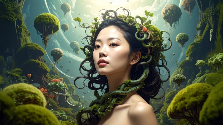 AI-genereret billede af et surrealistisk portræt af en kvinde med løsthængende hår sammenflettet med ranker og mos, placeret i et frodigt fantasy-landskab med flydende, plantedækkede øer.