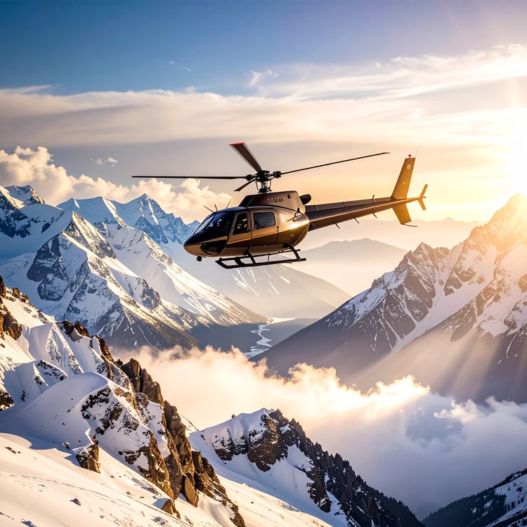 AI-genereret billede af en helikopter, der flyver over sneklædte bjerge, optaget i luften mod en klar himmel med bløde skyer, der driver gennem bjergtinderne. Helikopteren er placeret lidt uden for centrum, med varmt sollys, der oplyser luftfartøjet og kaster lange skygger hen over det barske terræn nedenfor.
