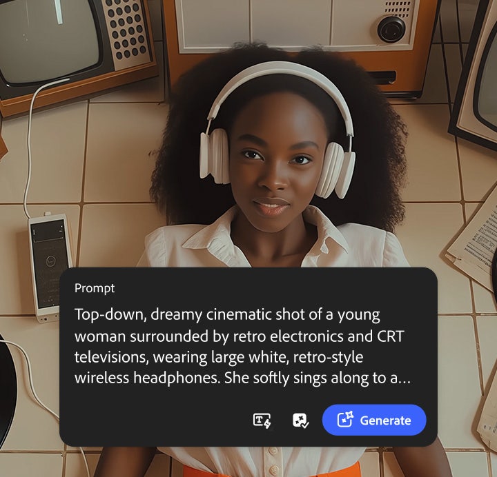 https://main--cc--adobecom.aem.live/cc-shared/assets/firefly/video/music-video/media_17aff9e6763a78a111a556f5a1e6ef7aeb757d018.mp4#_autoplay&mute=true | Et AI-billede af en ung kvinde, der ligger på et flisegulv omgivet af retro-elektronik, vinylplader og billedrørsfjernsyn. Hun har store, hvide trådløse hovedtelefoner på i retrostil.