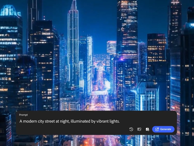 https://main--cc--adobecom.aem.live/cc-shared/assets/firefly/video/music-video/media_1c6f840a38ffab22b006bf57ca4f34b23e5876018.mp4#_autoplay&mute=true | Et AI-genereret billede af et bylandskab om natten. Skyskrabere flankerer en central motorvej fyldt med skæret af forlygter i bevægelse, og bygningerne lyser op med lyset fra vinduerne og neonskilte.