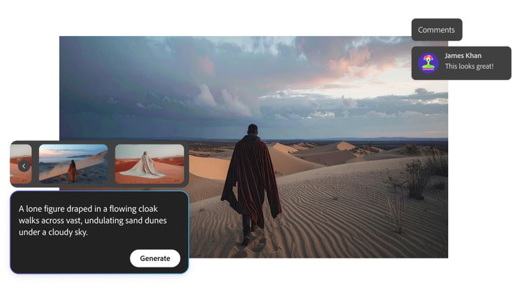 Billeder med mennesker på sandbanker op mod en skyet himmel fremstillet med AI-storyboard-generatoren, tekst-til-video-beskrivelsen vises sammen med kommentarer fra interessenter henover.