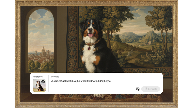 Et AI-genereret portræt af en Berner Sennenhund i klassisk renæssancestil skabt med Firefly.