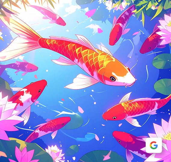 Levende AI-anime-illustration af en koi-dam med farverige fisk og lotusblomster, genereret med Adobe Firefly.