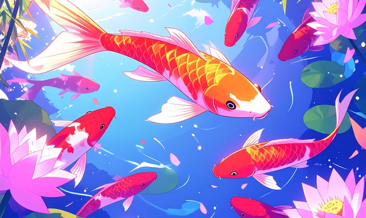 Levende AI-anime-illustration af en koi-dam med farverige fisk og lotusblomster, genereret med Adobe Firefly.