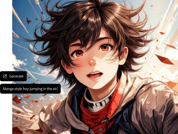 AI-genereret animebillede af manga-inspireret dreng, som hopper op i luften, med tekstbeskrivelse hen over i AI-anime-generatoren