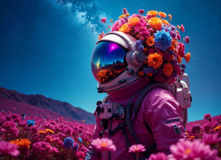 AI-genereret foto af en person i en astronauthjelm dækket af en krone med farverige blomster og stående mod en lyseblå baggrund.