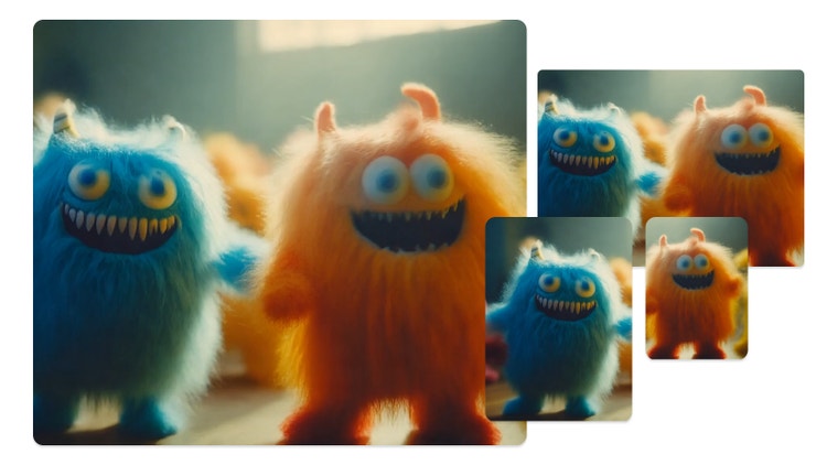 Stillbillede fra AI-animationsgenerator med to 3D-animerede, pelsklædte og glade monstre