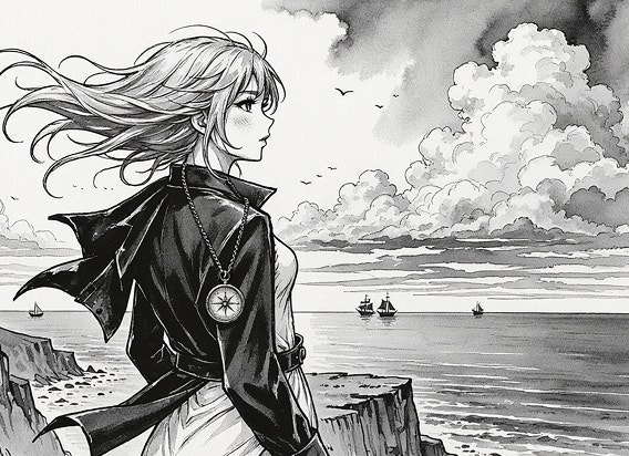 Pen-og-blæk-stil anime-figur med flagrende hår og et kompas-halskæde, der kigger ud over en dramatisk havbaggrund.