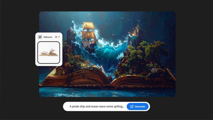Billede-til-billede-AI, som forvandler et referencefoto af en åben bog ved at tilføje et piratskib og et stormfuldt hav mod baggrunden af et mørkt hav.