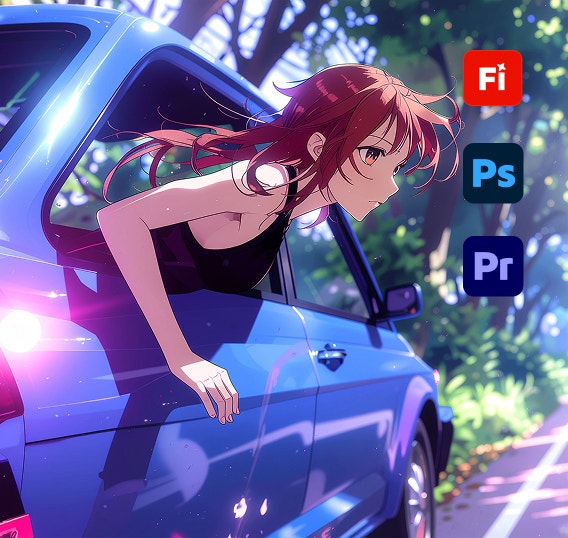 En digital illustration af en kvinde, der læner sig ud af en bil på en skovvej i anime-stil, vist bagved ikoner for Adobe-apps som Photoshop og Premiere.