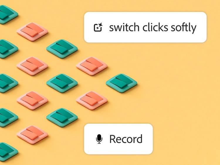 Et lang række orange og grønne kontakter på en gul baggrund med beskrivelsen "Switch clicks softly" og en optag-knap.