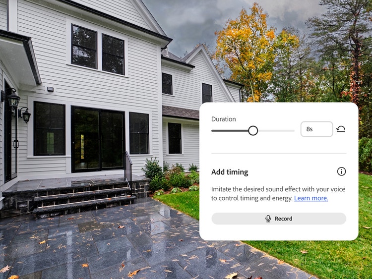 Et hvidt hus med en stormfuld himmel i baggrunden og et UI-panel til tilpasningsindstillinger for Firefly AI-lydgenerator.