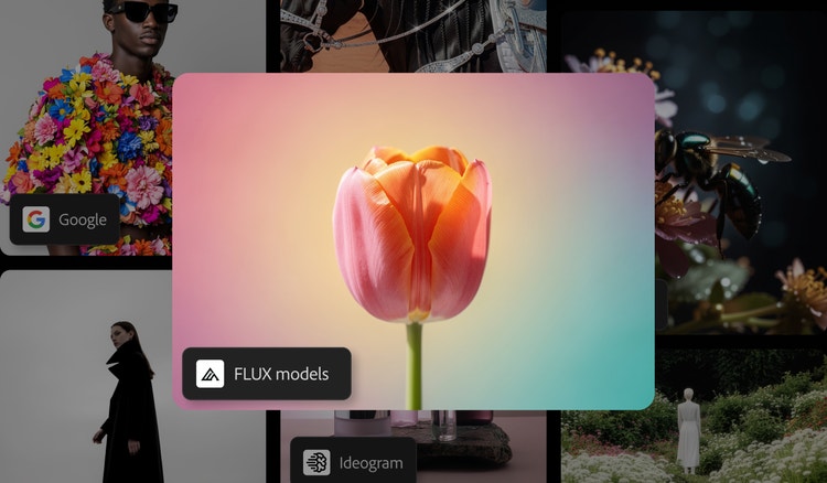 Nærbillede af en ferskenfarvet tulipan over en baggrund med pink, gult og blåt farveforløb, skabt med FLUX.2 Pro i Firefly.