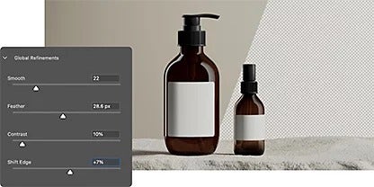 To glasflasker, der står på en sten, med en grænseflade til et valgværktøjspanel med skydeknapper til finpudsning, så gennemsigtigheden for billedets baggrund kan kontrolleres