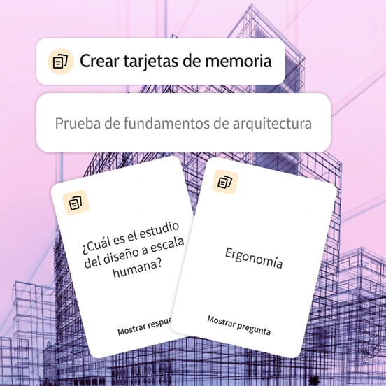 Plano arquitectónico de fondo. En primer plano, una indicación para crear tarjetas de estudio sobre los conceptos básicos de la arquitectura. Dos tarjetas de estudio con una pregunta y su respuesta.