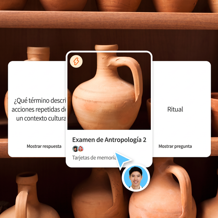Una olla de barro antigua aparece en la portada de un conjunto de tarjetas de estudio para un examen de Antropología. A la izquierda, se muestra la pregunta de una tarjeta y a la derecha, la respuesta.