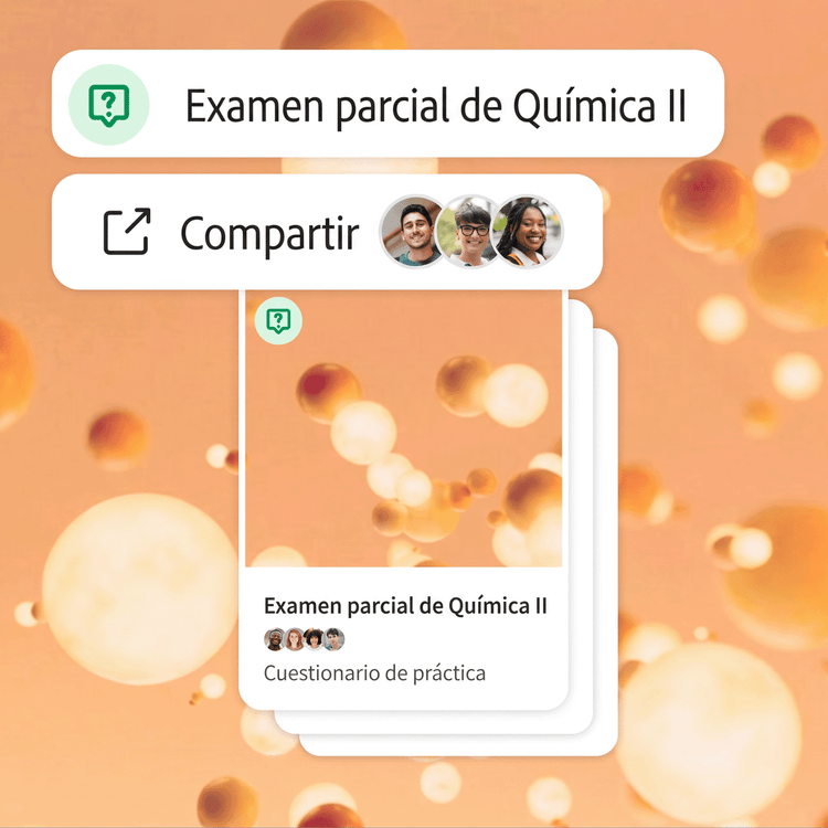 Se comparte un cuestionario para un examen parcial de química con tres colaboradores. Varias moléculas tridimensionales de color naranja flotan alrededor de la imagen y aparecen tanto en el fondo como en la portada del conjunto de tarjetas de estudio.