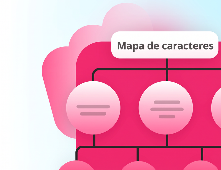 Ilustración en tonos rosados de un diagrama de árbol de personajes