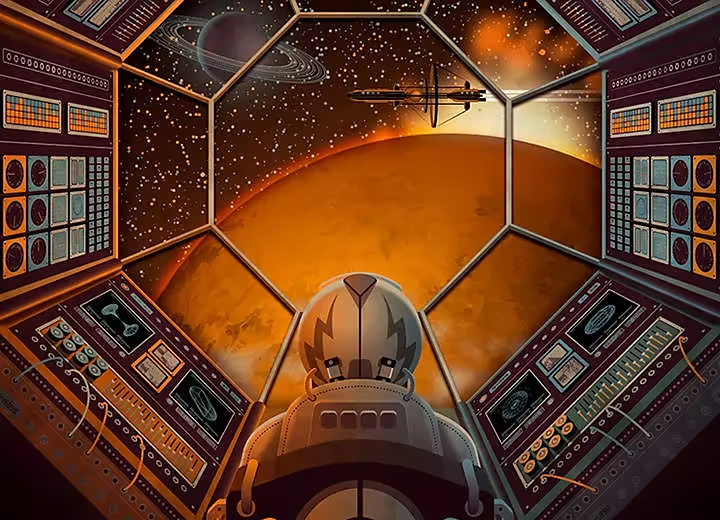 An illustration of a pilot at the control panel of spaceship created with Adobe's brochure design software