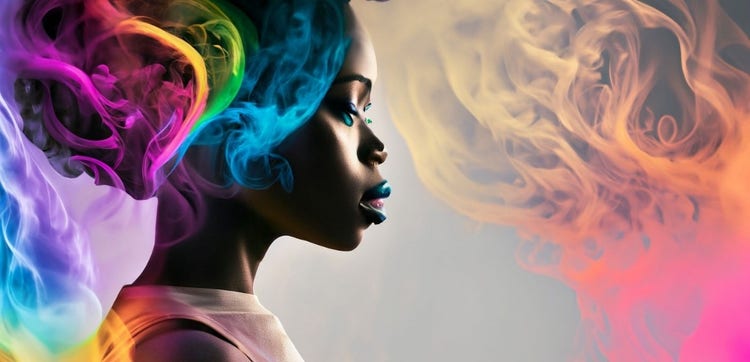 Imagen generada con IA de una mujer con humo de colores a su alrededor