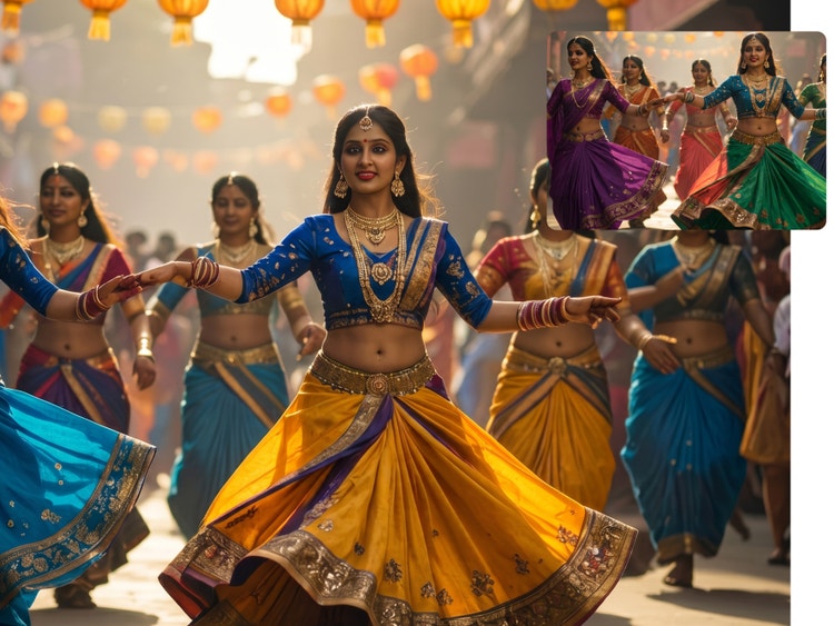 Bailarines con coloridos trajes tradicionales actúan en una animada escena callejera festiva, con una imagen de variación más pequeña superpuesta en la esquina superior derecha