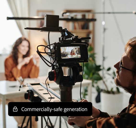 Un operador de cámara filma a una vlogger en un escritorio. La interfaz en la esquina inferior izquierda dice "Generación segura para uso comercial"