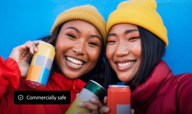 Dos amigas sonrientes con ropa invernal colorida y gorros tejidos posan para una selfie sosteniendo latas de bebida de colores vivos