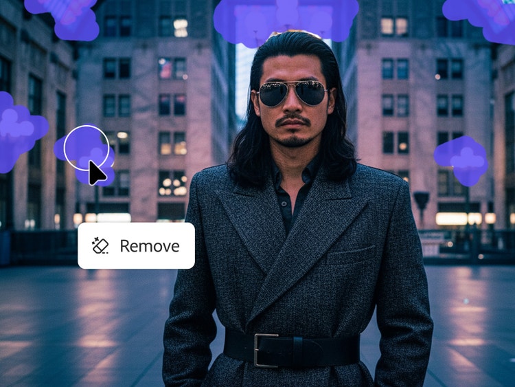 Imagen generada con IA de un hombre con gafas de sol parado frente a un paisaje urbano con áreas en el fondo resaltadas para eliminarlas