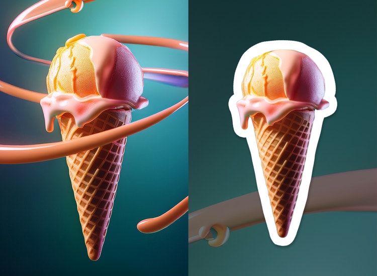 Imagen de un cono de helado transformado en sticker con un modelo del socio Google en Firefly