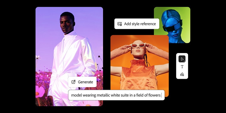 Tres imágenes generadas con IA para un tablero conceptual de moda: un hombre con un traje blanco metálico, una mujer con ropa anaranjada y gafas de sol, y una imagen de referencia de estilo futurista de una mujer en tonos azules con gafas, con la superposición de la IU de Firefly