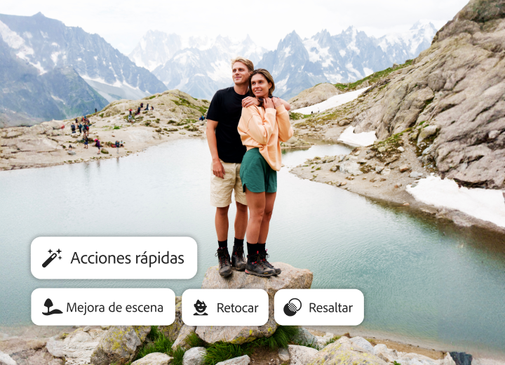 Una pareja posando para una foto junto a un lago alpino