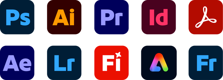 Photoshop, Illustrator, Premiere Pro, InDesign, Acrobat, After Effects, Lightroom, Firefly, Express, Fresco